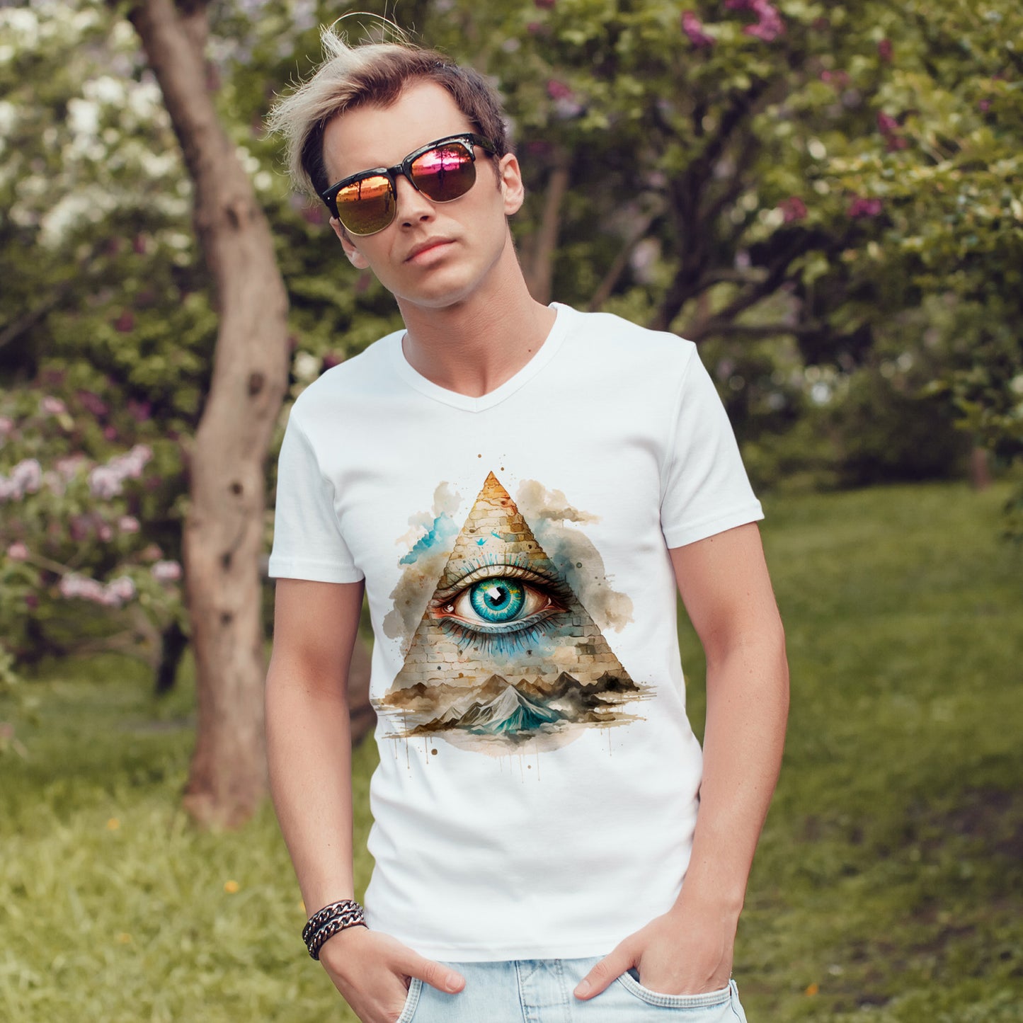 Wszystko widzące oko „Illuminati” – oko w piramidzie w akwarelowym stylu