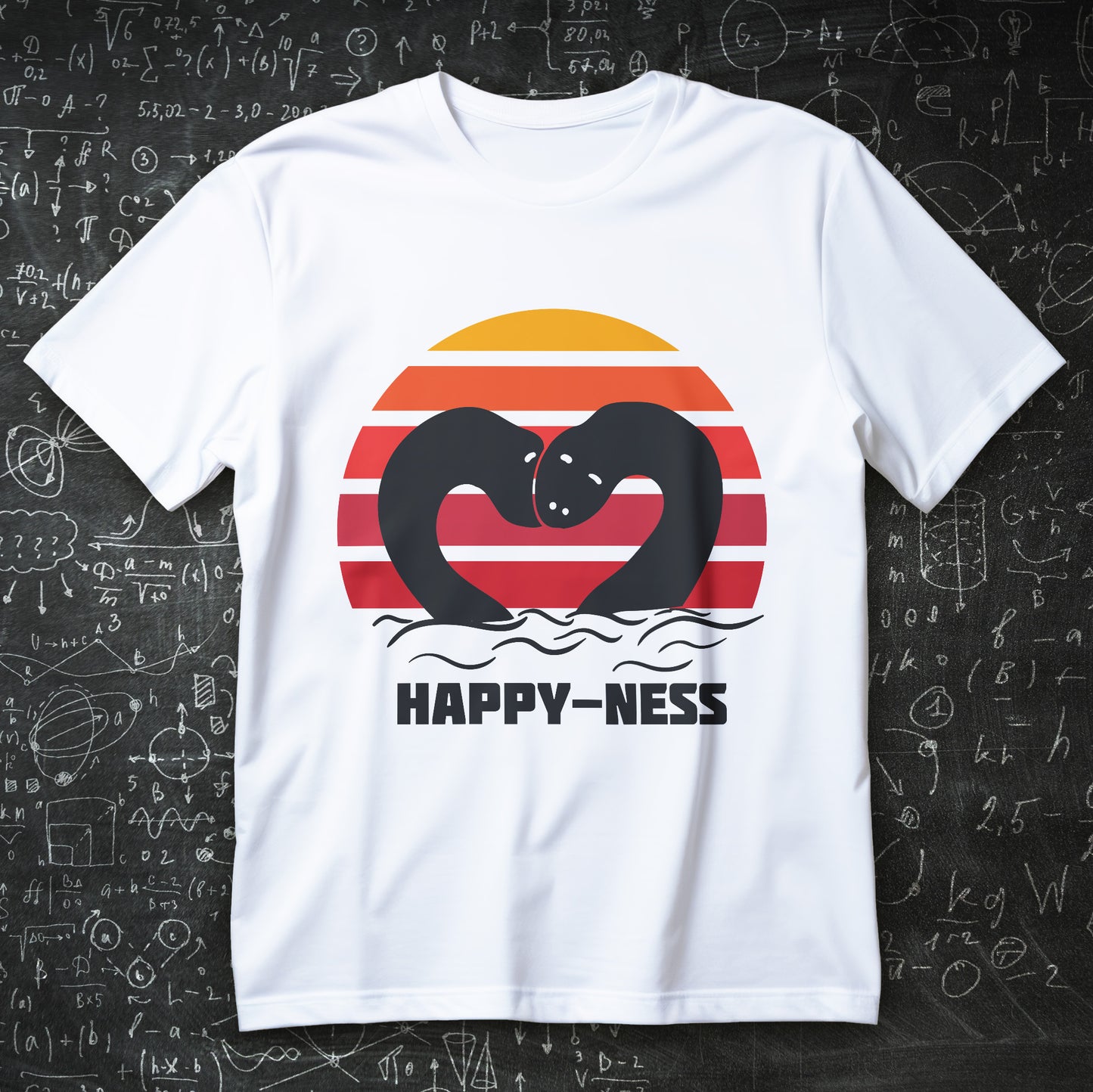 koszulka z nadrukiem HAPPY-NESS, sylwetka Nessie tworząca serce nad falami na tle retro zachodu słońca