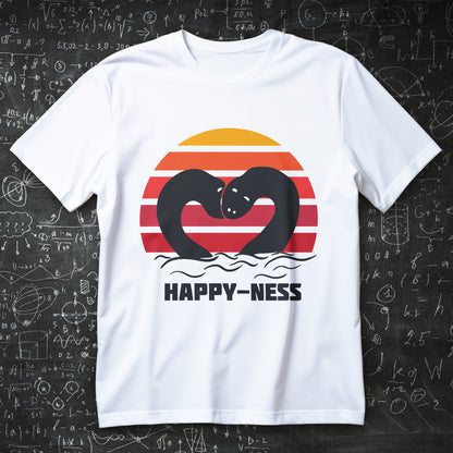 koszulka z nadrukiem HAPPY-NESS, sylwetka Nessie tworząca serce nad falami na tle retro zachodu słońca
