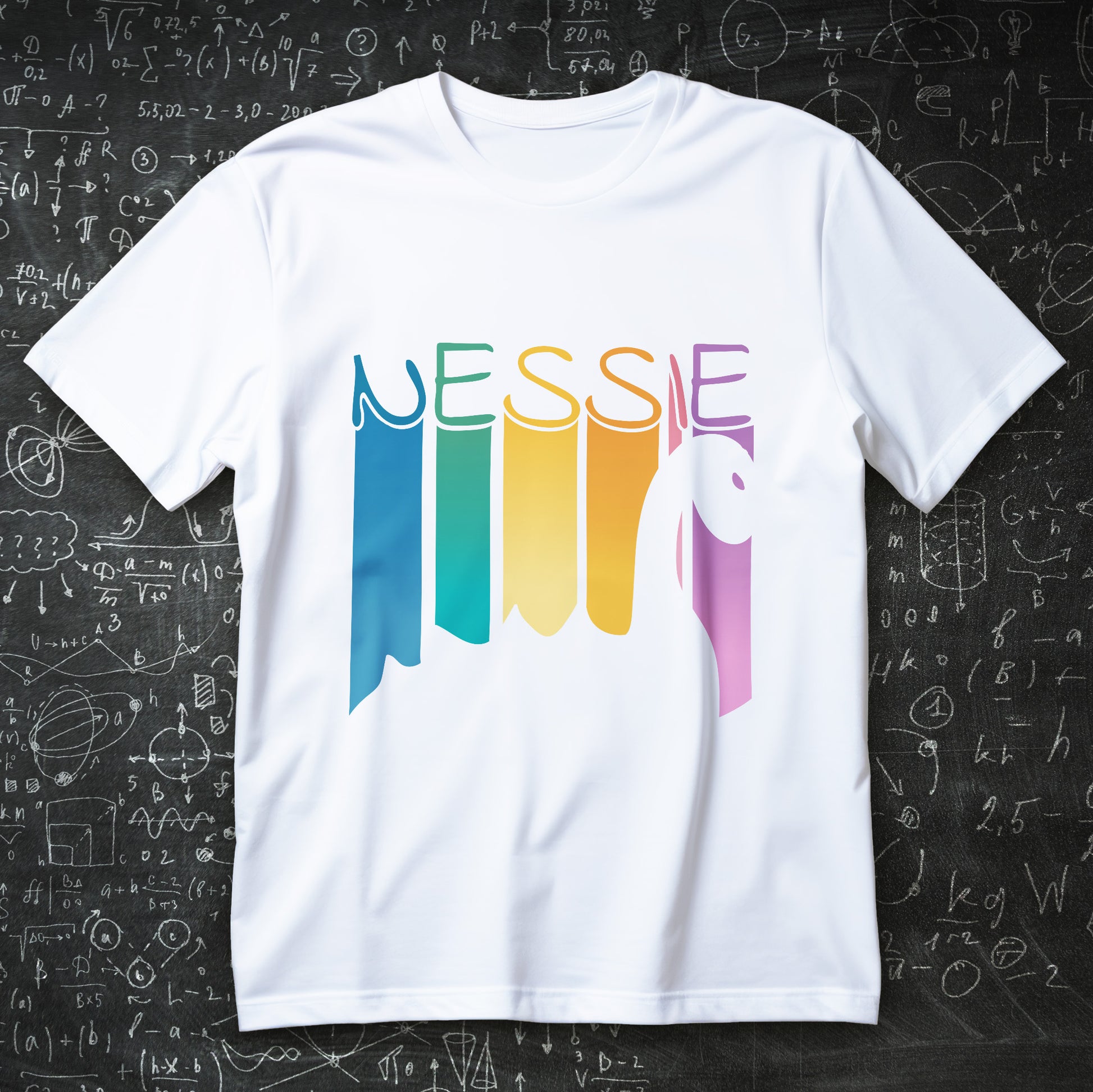 koszulka z nadrukiem NESSIE, kolorowe litery i sylwetka potwora z Loch Ness w minimalistycznym stylu
