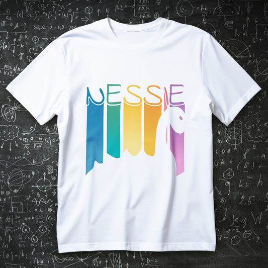 koszulka z nadrukiem NESSIE, kolorowe litery i sylwetka potwora z Loch Ness w minimalistycznym stylu