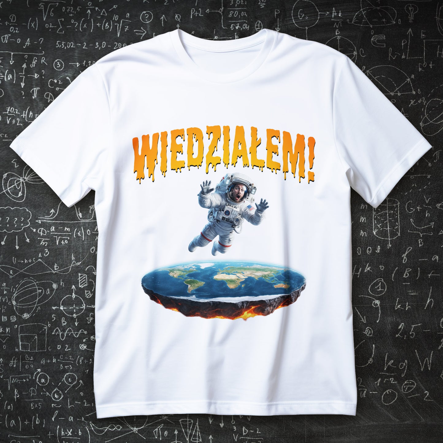 koszulka z nadrukiem WIEDZIAŁEM!, astronauta nad „płaską Ziemią” w formie dysku z ognistą krawędzią