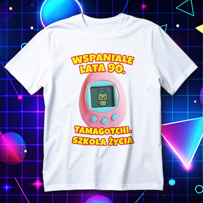 Koszulka lata 90 - nadruk różowe urządzenie z pikselowym zwierzakiem i napisy WSPANIAŁE LATA 90. TAMAGOTCHI.