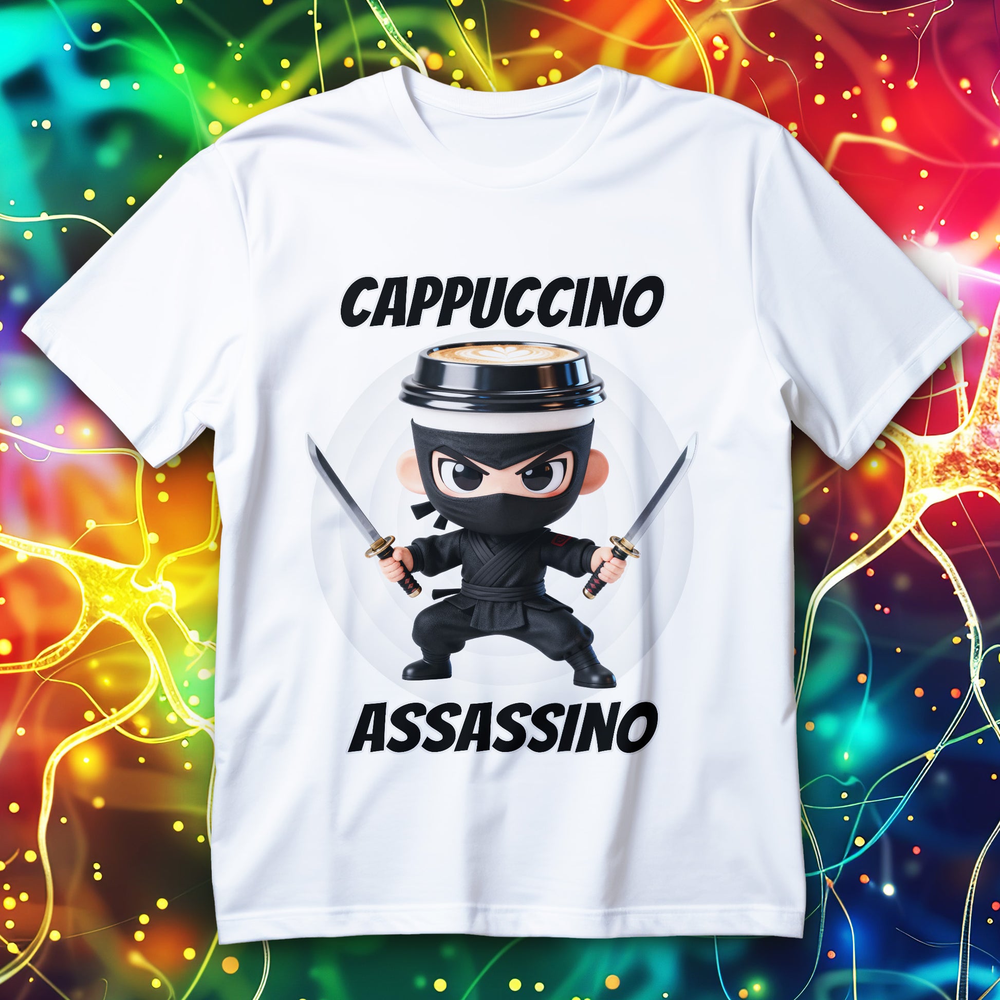 Koszulka Cappuccino Assassino - nadruk ninja z kubkiem cappuccino i mieczami oraz napisy CAPPUCCINO i ASSASSINO
