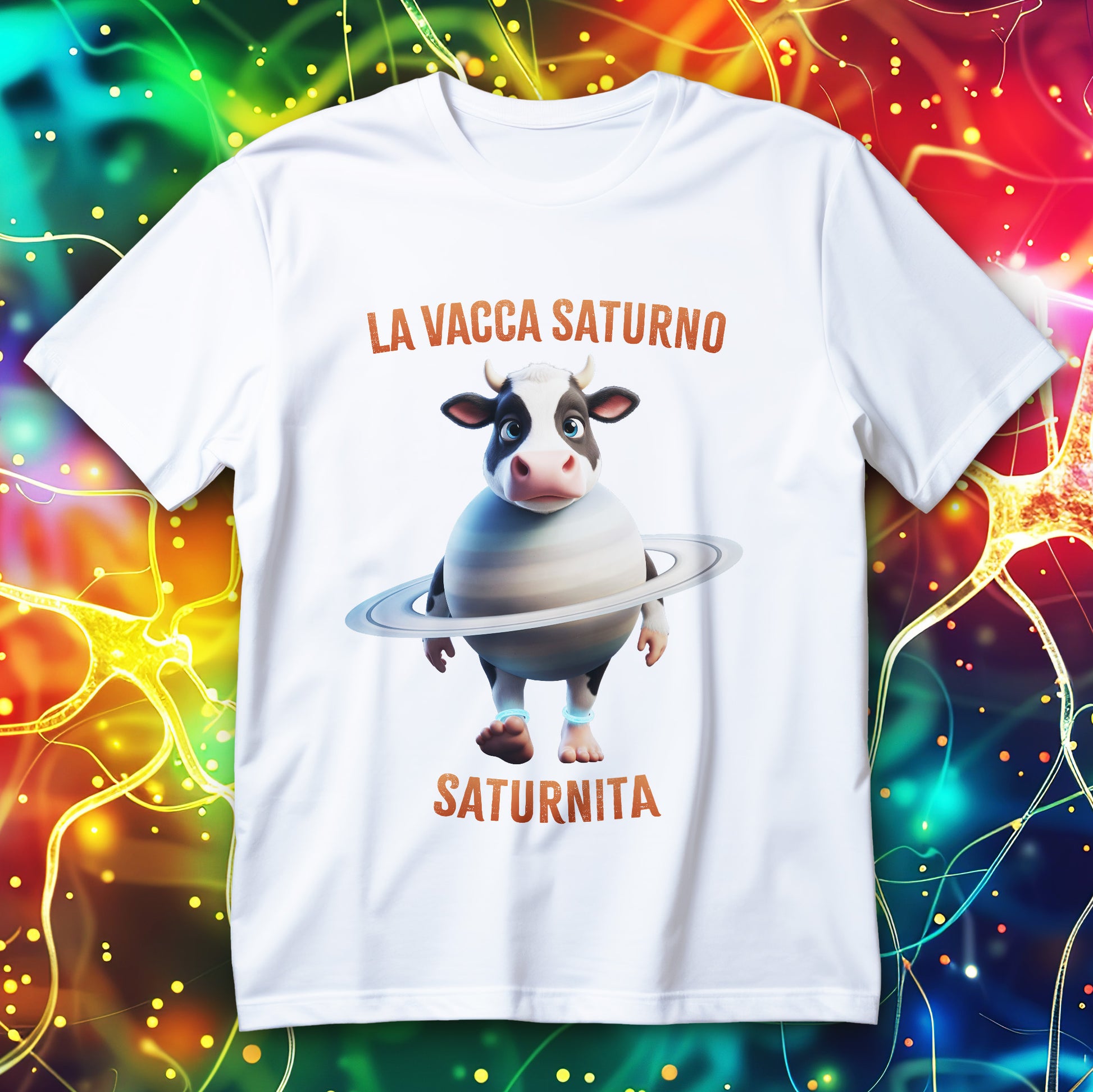 Koszulka LA VACCA SATURNO SATURNITA - nadruk krowa z planetą i pierścieniami jak Saturn oraz napisy LA VACCA SATURNO SATURNITA