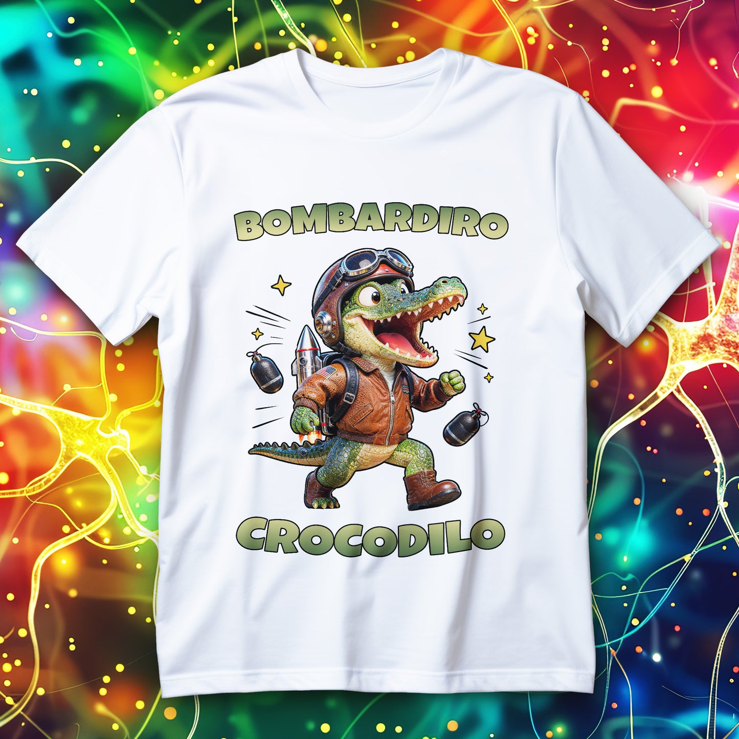 Koszulka Bombardiro Crocodilo - krokodyl pilot w goglach i kurtce, gwiazdki w tle, napisy BOMBARDIRO i CROCODILO