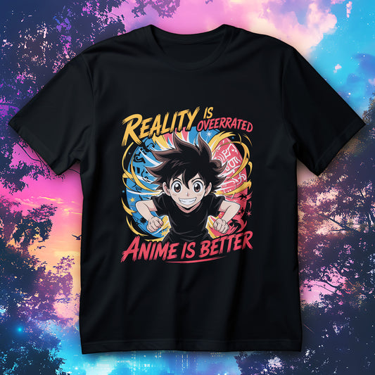 Koszulka anime Reality Is Overrated - postać w stylu anime na kolorowym tle i napis ANIME IS BETTER