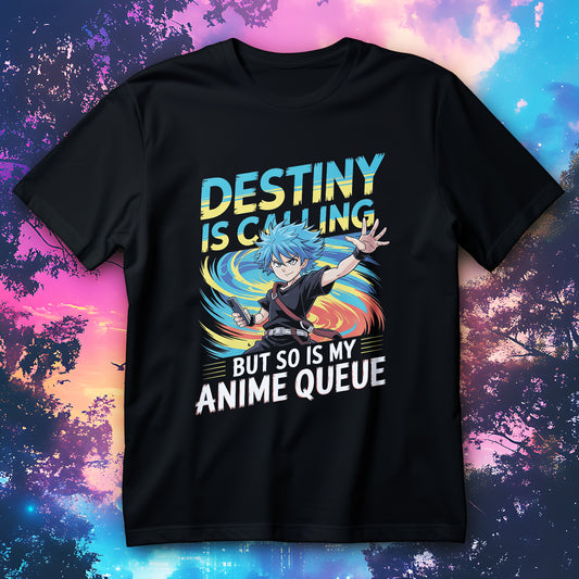 Koszulka anime Destiny Is Calling - postać w stylu anime na kolorowym wirującym tle i napisy DESTINY IS CALLING