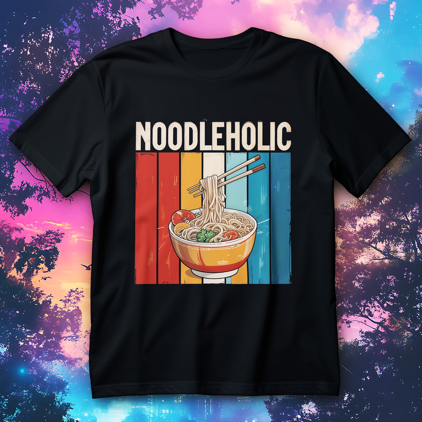 Koszulka NOODLEHOLIC - retro grafika miski makaronu z pałeczkami na kolorowych pasach