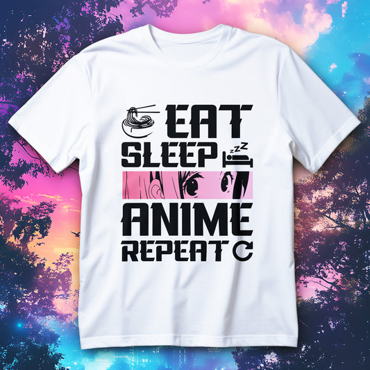 Koszulka EAT SLEEP ANIME REPEAT - napis i ikonki ramen oraz snu, pasek z mangowymi oczami
