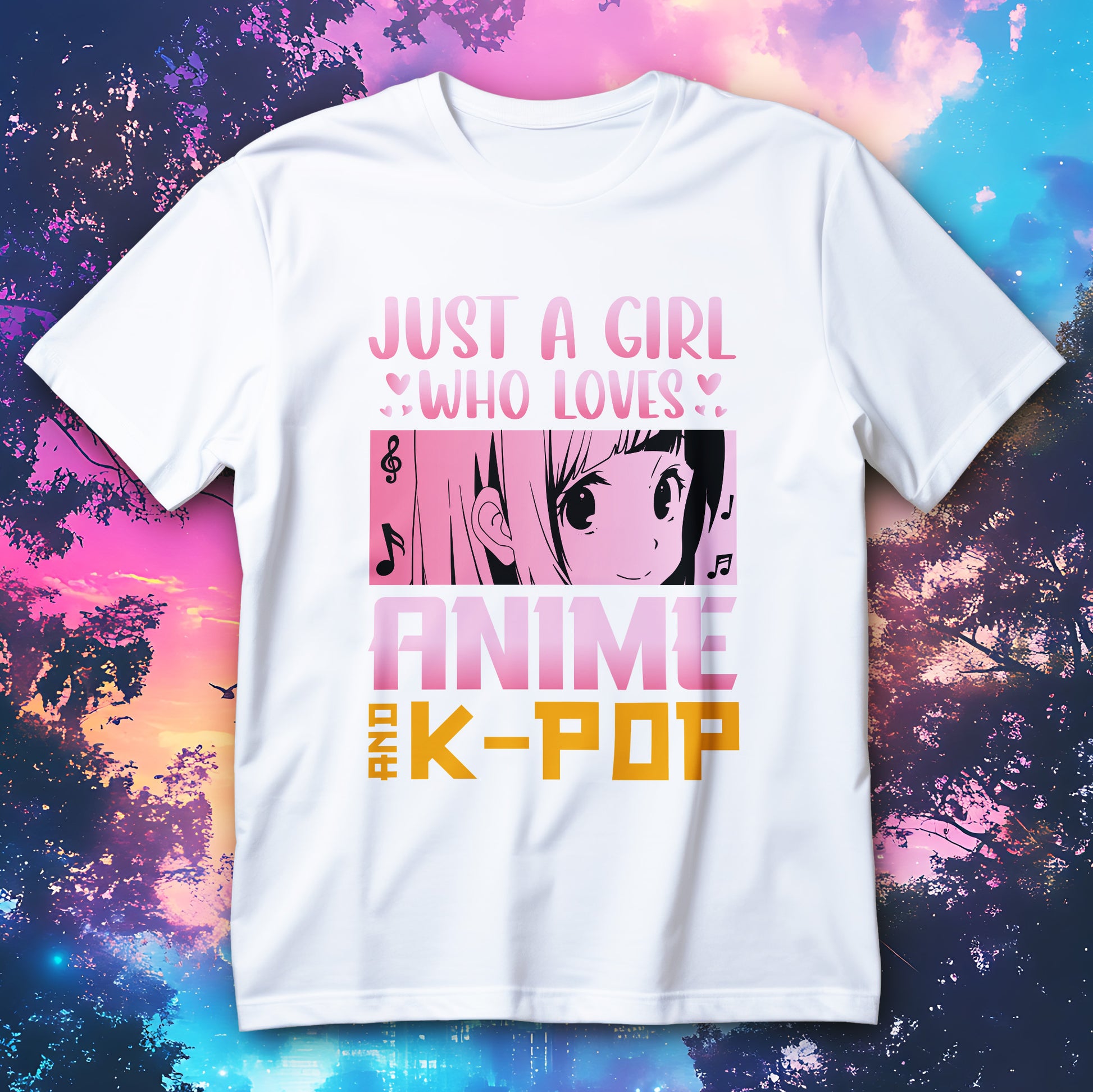 Koszulka anime i k-pop - napis JUST A GIRL WHO LOVES ANIME AND K-POP i różowy kadr z mangowym spojrzeniem
