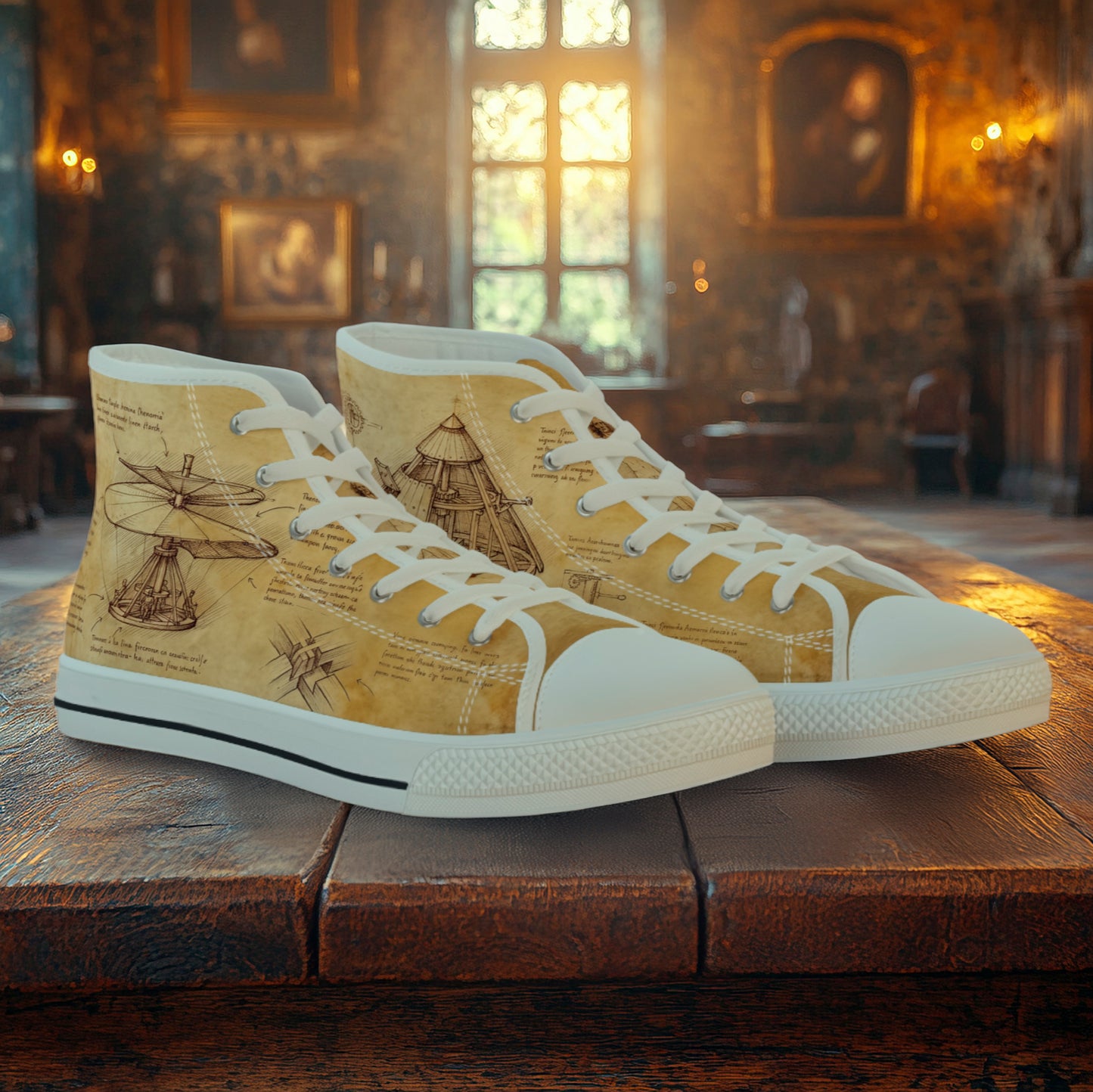 Trampki high top Da Vinci Sketch z nadrukiem sepiowych szkiców i maszyn na pergaminowym, vintage tle