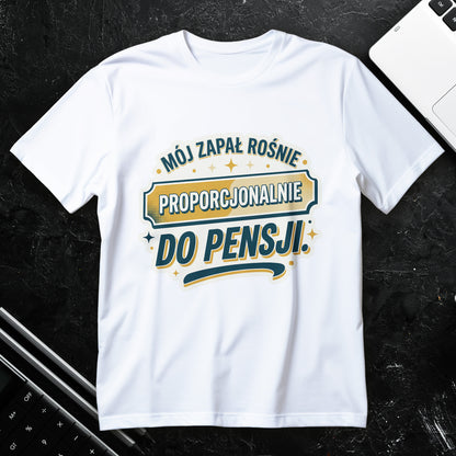 Koszulka z napisem Mój zapał rośnie proporcjonalnie do pensji, retro plakietka z banerem i ozdobnymi gwiazdkami
