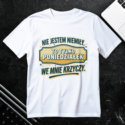 Koszulka z napisem Nie jestem niemiły, to tylko poniedziałek we mnie krzyczy – retro plakietka z banerem i ozdobnymi gwiazdkami