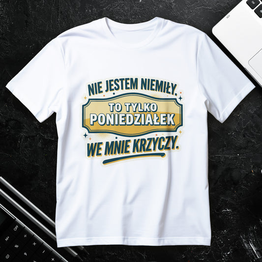 Koszulka z napisem Nie jestem niemiły, to tylko poniedziałek we mnie krzyczy – retro plakietka z banerem i ozdobnymi gwiazdkami