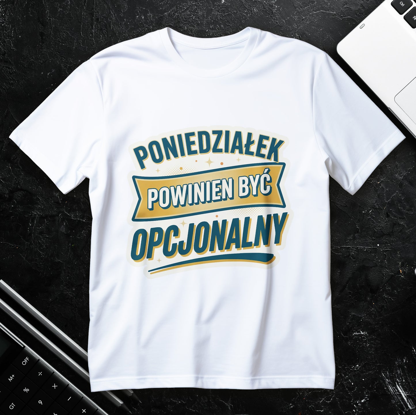 Koszulka z napisem Poniedziałek powinien być opcjonalny, typograficzny nadruk retro w kolorach złota i zieleni