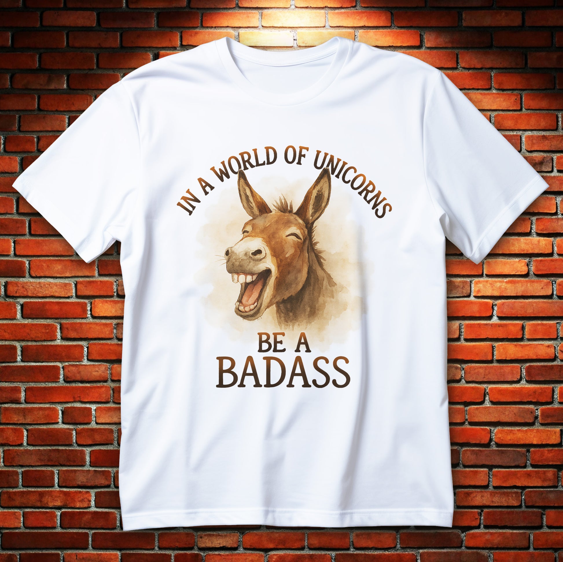 Koszulka z nadrukiem osła, akwarelowy roześmiany osioł i napis IN A WORLD OF UNICORNS BE A BADASS
