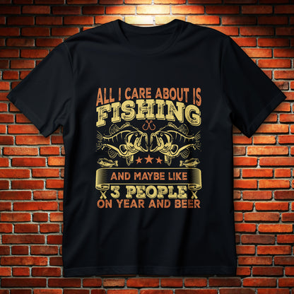 Koszulka wędkarska vintage z nadrukiem ryb, haczyka i napisem ALL I CARE ABOUT IS FISHING