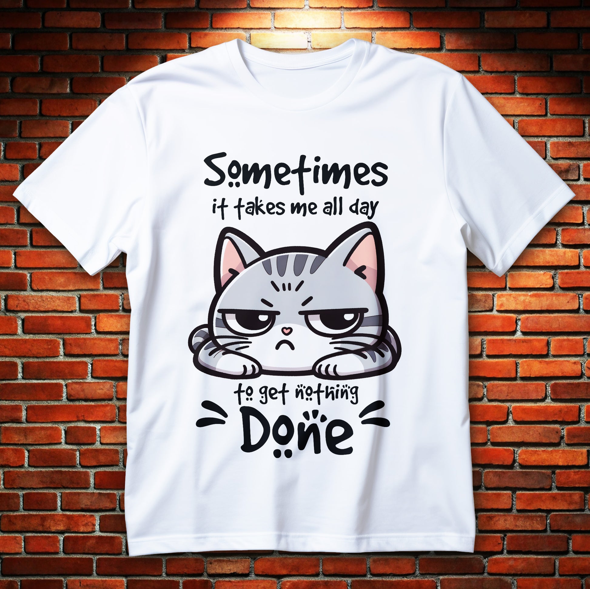 Koszulka z napisem o lenistwie sometimes it takes me all day to get nothing done, naburmuszony kotek na grafice