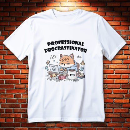Koszulka professional procrastinator, lis przy biurku z laptopem loading 1% i kubkiem later oraz napisem professional procrastinator