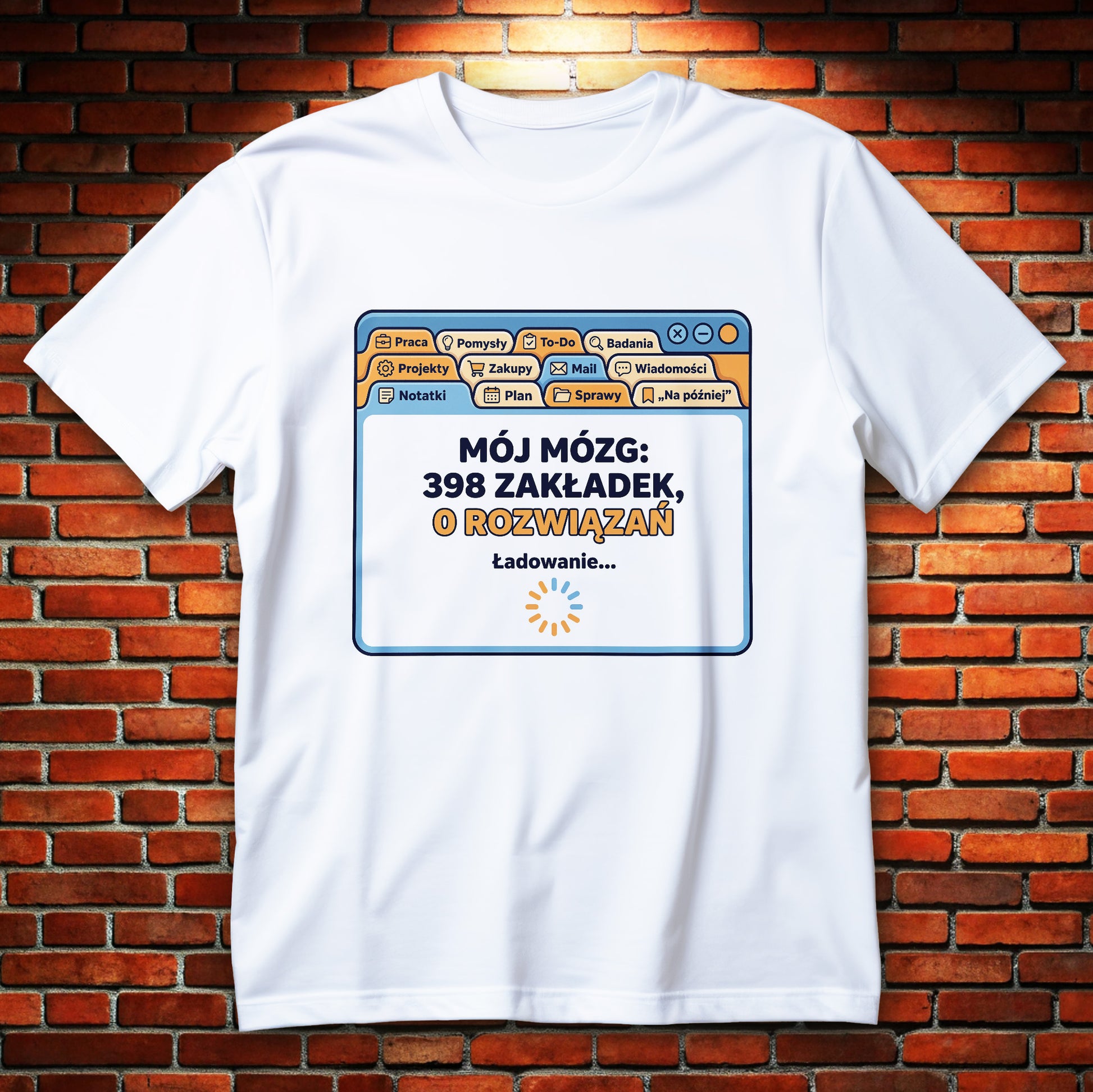 Koszulka mój mózg 398 zakładek, 0 rozwiązań, grafika okna z zakładkami i napis ładowanie...