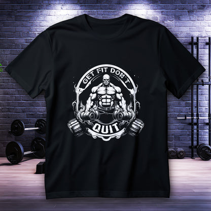 Koszulka na siłownię GET FIT DON'T QUIT, grafika umięśnionej postaci z hantlami w emblemacie