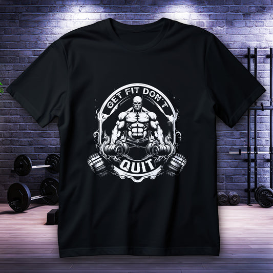 Koszulka na siłownię GET FIT DON'T QUIT, grafika umięśnionej postaci z hantlami w emblemacie