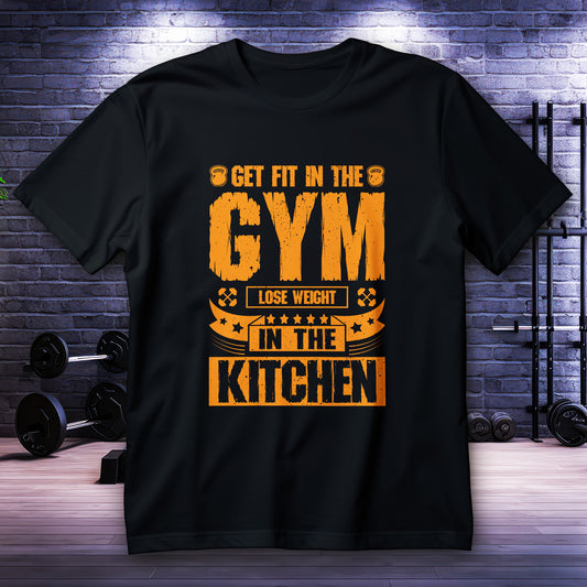 Koszulka na siłownię z napisem GET FIT IN THE GYM, LOSE WEIGHT, IN THE KITCHEN i ikonami kettli