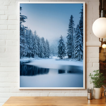 plakat w drewnianej ramie: zimowy las ze śniegiem i zamarzniętym jeziorem w chłodnych błękitach, Nordic Winter Forest