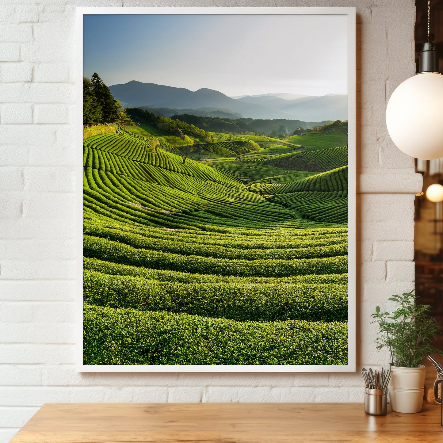 plakat w drewnianej ramie: zielone tarasy plantacji herbaty na wzgórzach z górami w tle, Boseong, Korea Południowa