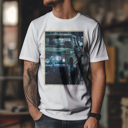 Fiat 125p w deszczu - zielony klasyk nocą