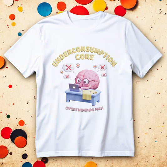 Koszulka underconsumption core z napisem OVERTHINKING MAX i grafiką mózgu w okularach przy laptopie