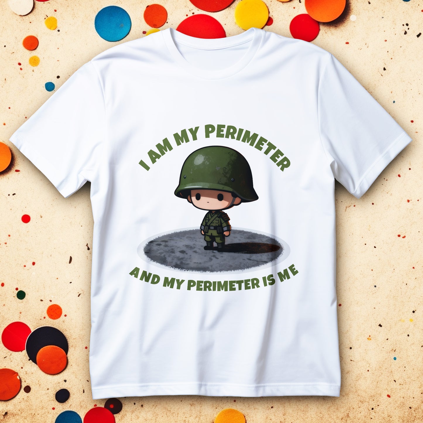 Koszulka I AM MY PERIMETER z napisem I AM MY PERIMETER AND MY PERIMETER IS ME i rysunkiem żołnierzyka w hełmie