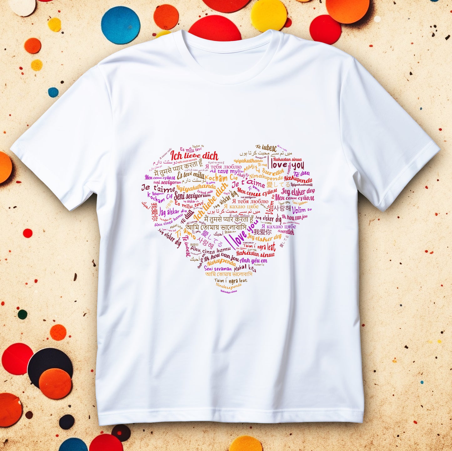 Kocham Cię w wielu językach - serce z napisów