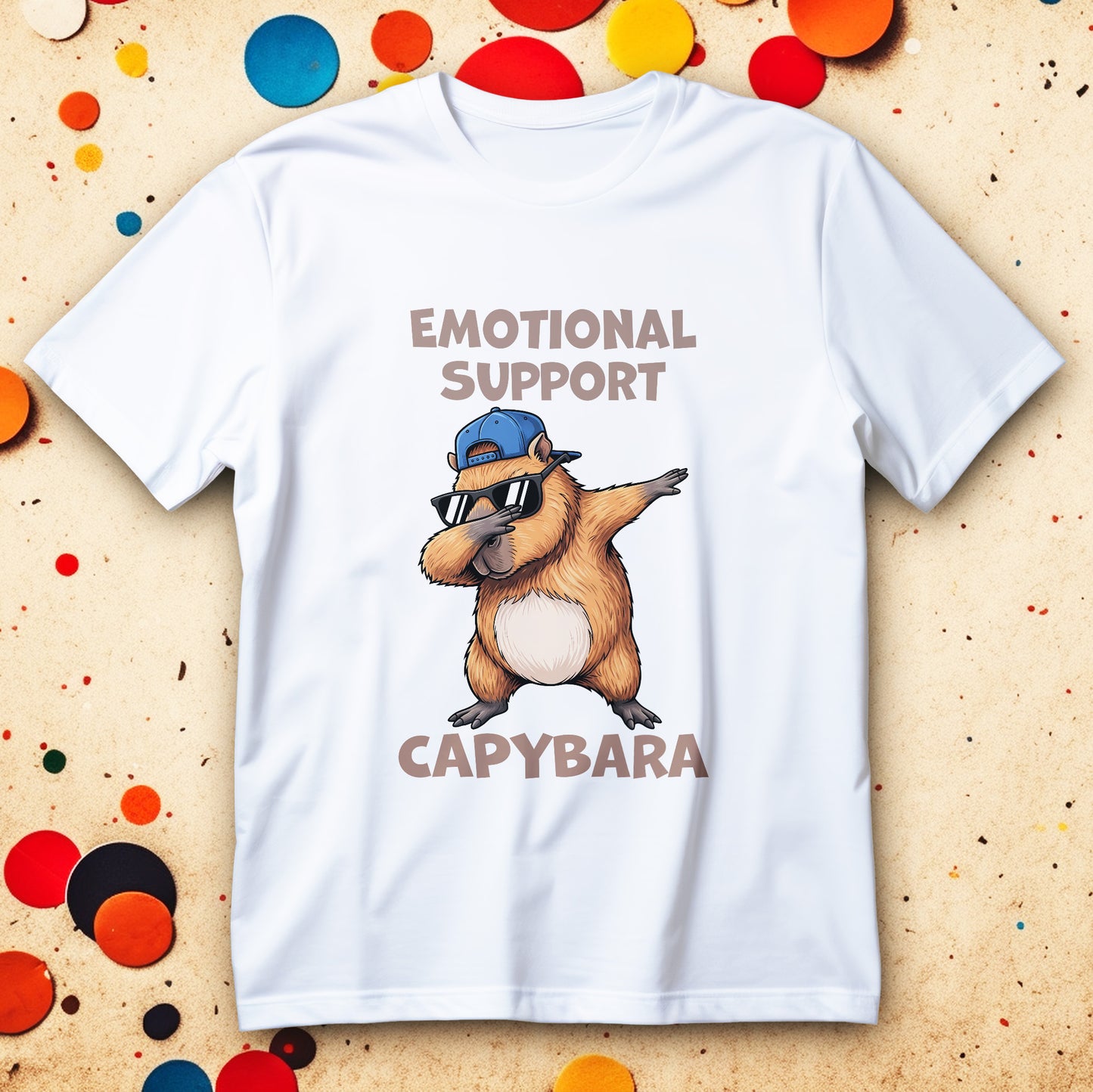 Koszulka capybara z napisem EMOTIONAL SUPPORT CAPYBARA i grafiką kapibary w czapce i okularach robiącej dab