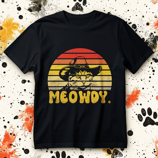 Koszulka MEOWDY z nadrukiem kota w kapeluszu kowbojskim na tle retro pasów zachodu słońca i napisem MEOWDY.