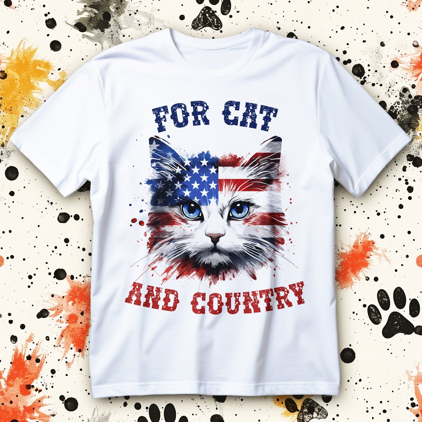 Koszulka kot patriotyczna z napisem FOR CAT AND COUNTRY i kocią twarzą w motywie flagi USA