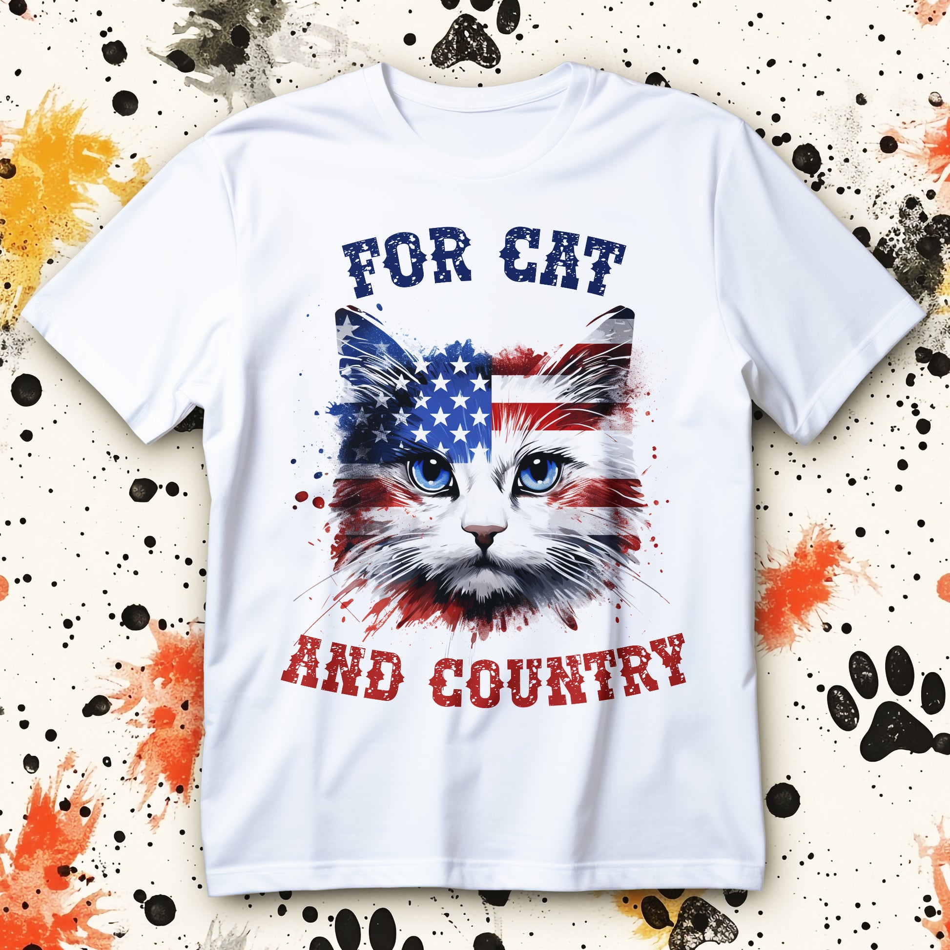 Koszulka kot patriotyczna z napisem FOR CAT AND COUNTRY i kocią twarzą w motywie flagi USA