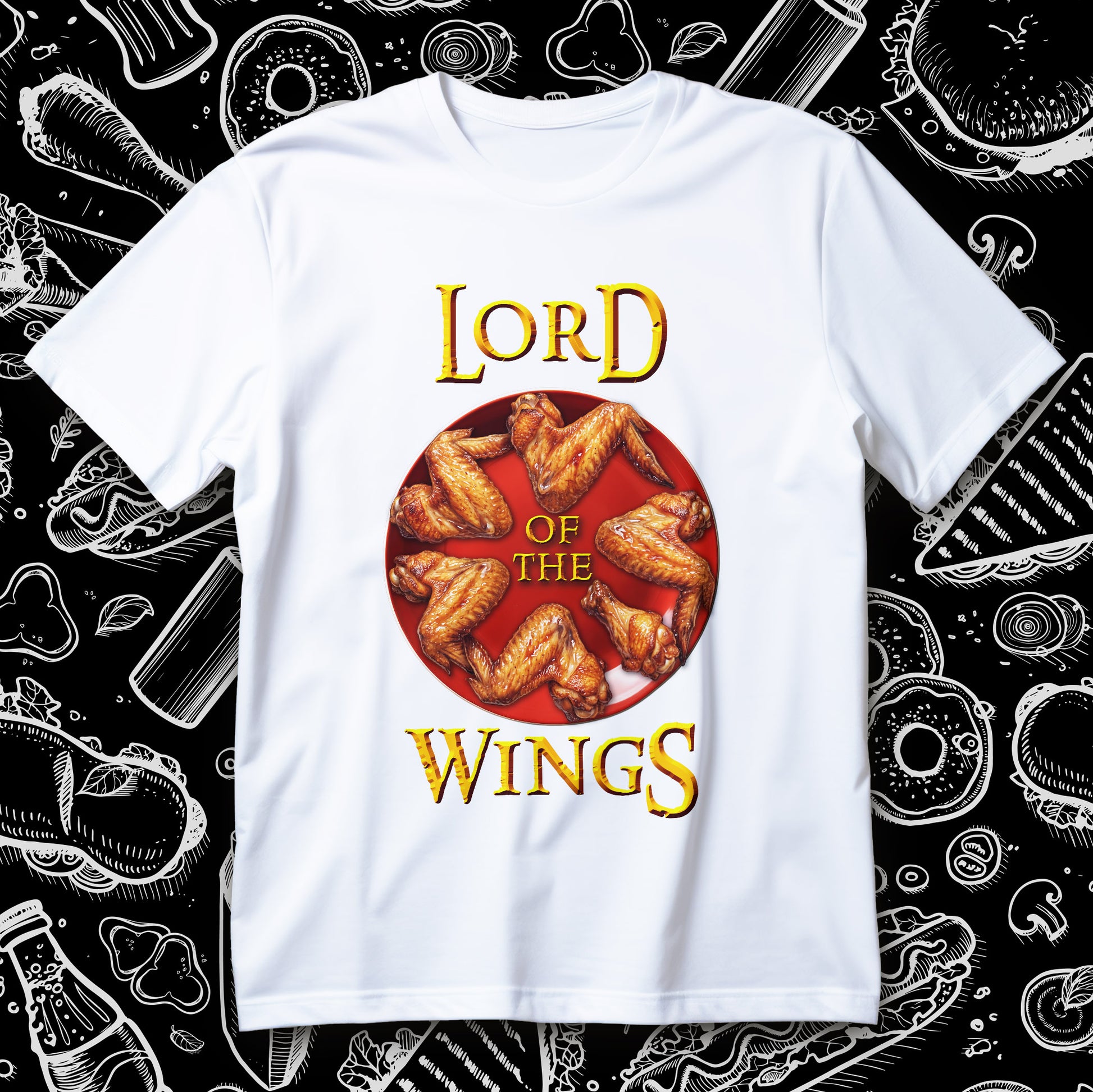 Koszulka Lord of the Wings z napisem LORD OF THE WINGS i talerzem skrzydełek na czarnym tle