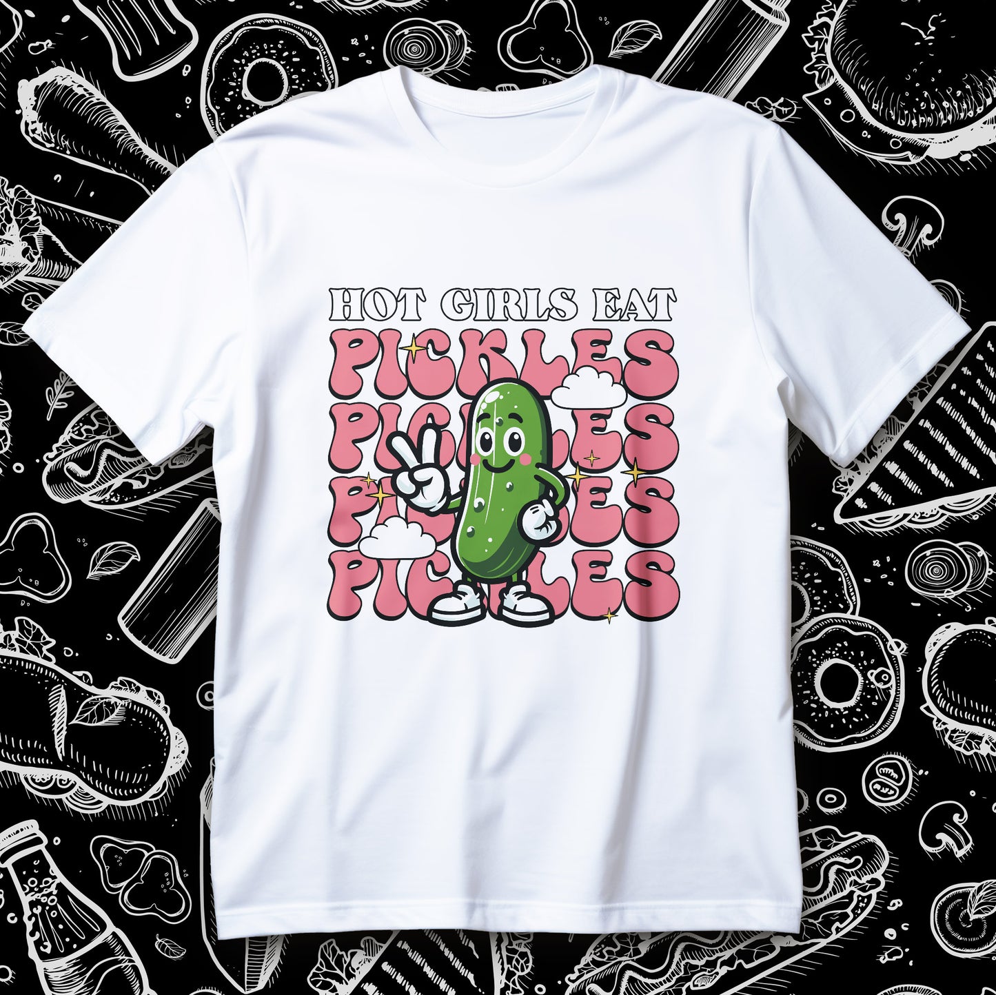 Koszulka HOT GIRLS EAT PICKLES z komiksowym ogórkiem pokazującym znak pokoju i napisem PICKLES