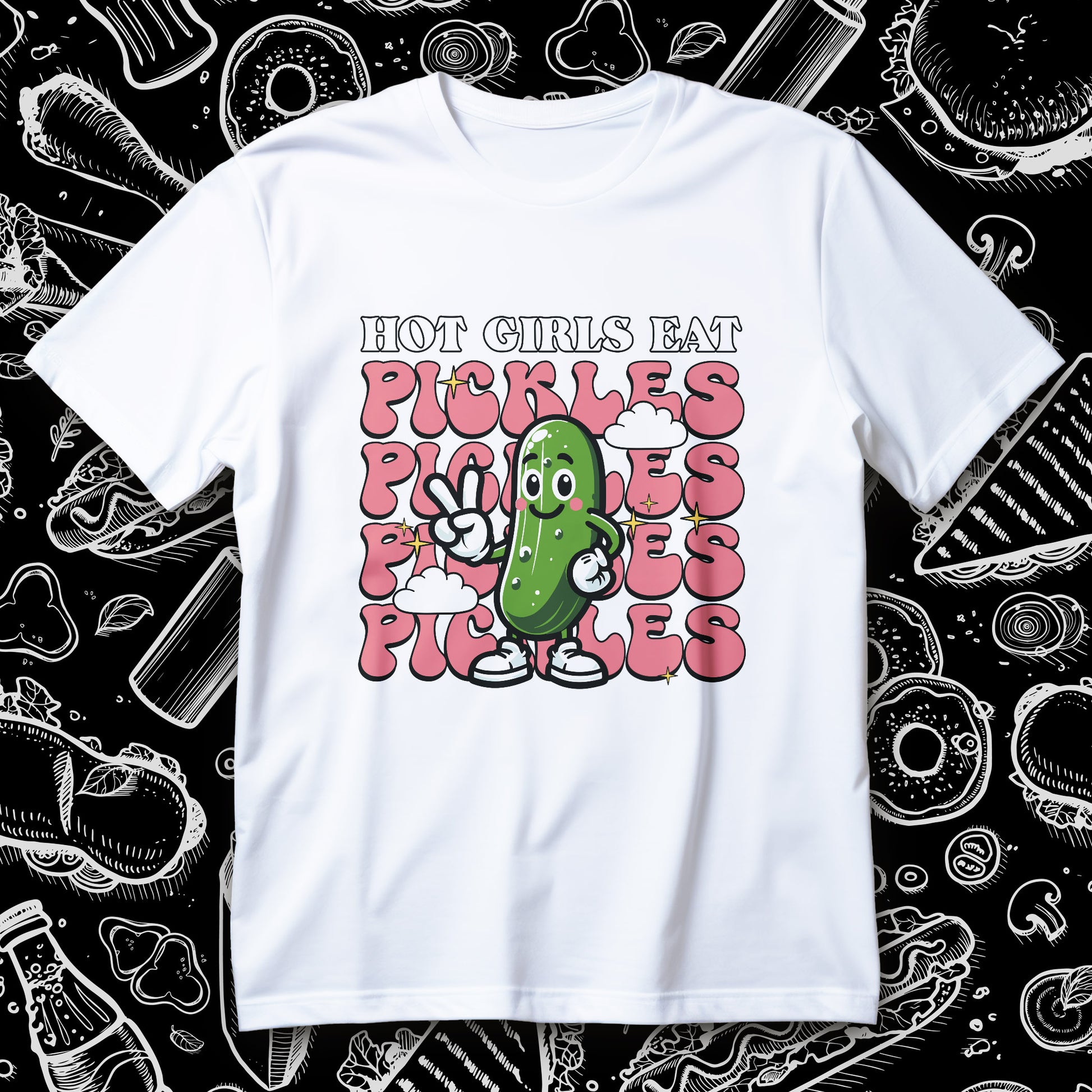 Koszulka HOT GIRLS EAT PICKLES z komiksowym ogórkiem pokazującym znak pokoju i napisem PICKLES