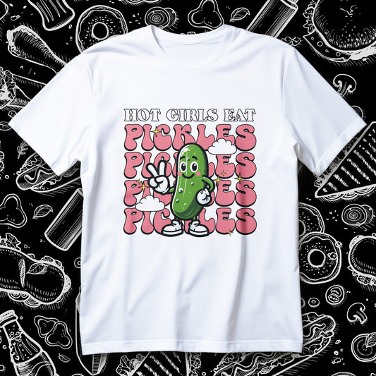 Koszulka HOT GIRLS EAT PICKLES z komiksowym ogórkiem pokazującym znak pokoju i napisem PICKLES
