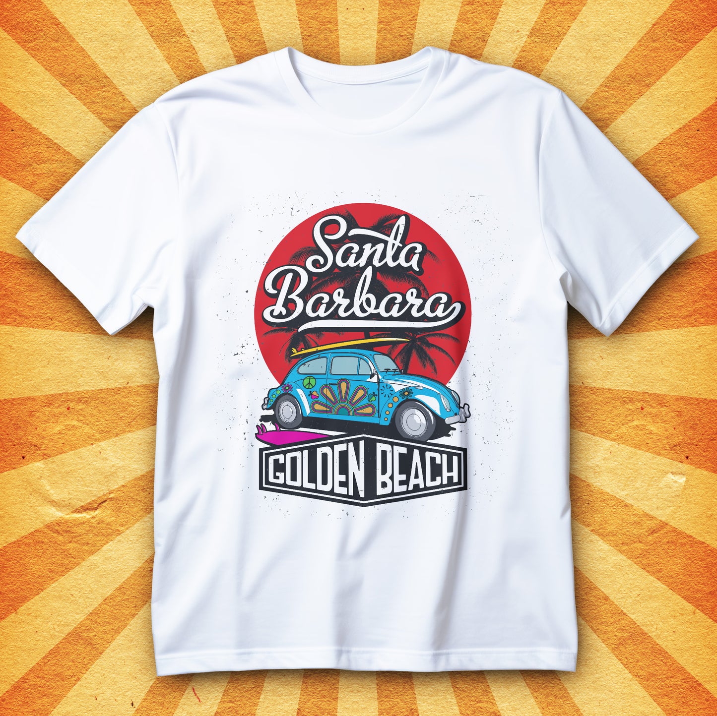 koszulka Santa Barbara Golden Beach retro vintage z palmami, deską surfingową i klasycznym autem