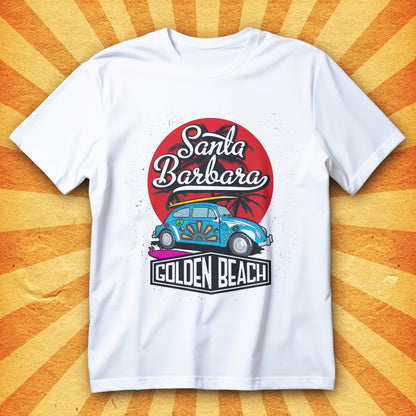 koszulka Santa Barbara Golden Beach retro vintage z palmami, deską surfingową i klasycznym autem