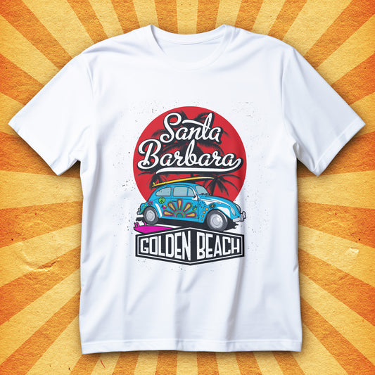 koszulka Santa Barbara Golden Beach retro vintage z palmami, deską surfingową i klasycznym autem