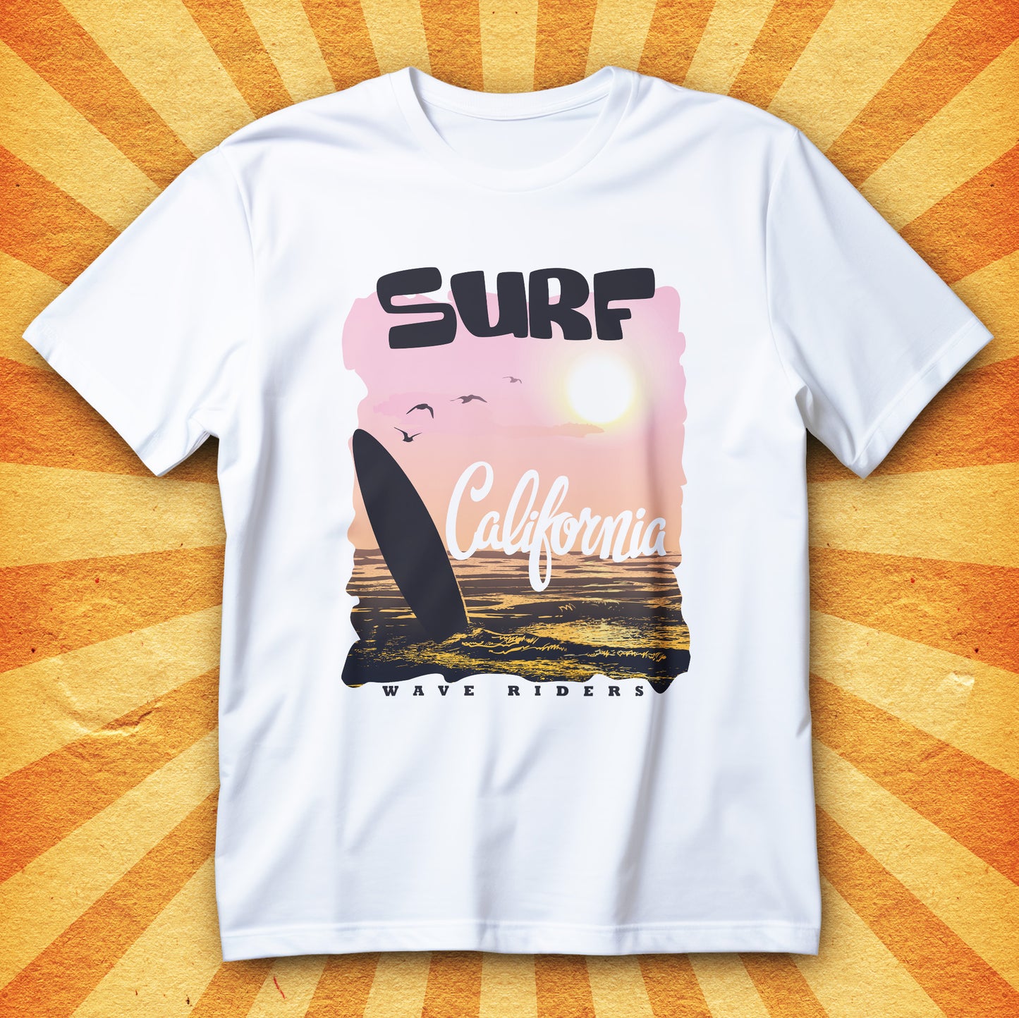 koszulka surf california wave riders retro vintage z deską surfingową i zachodem słońca nad wodą