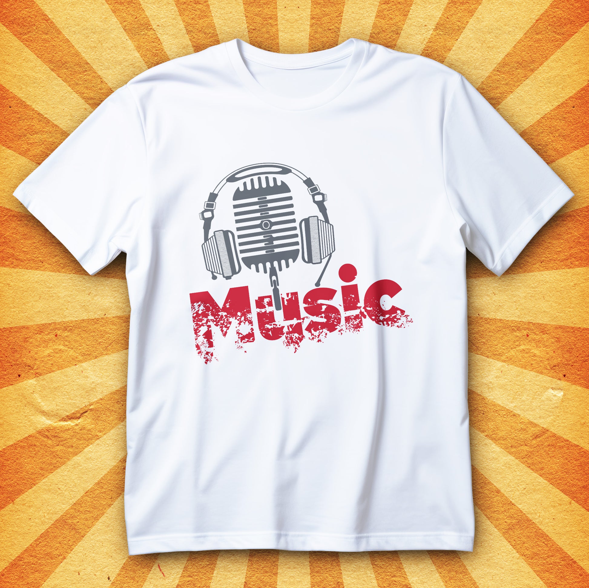 koszulka music z mikrofonem retro vintage i sluchawkami oraz czerwonym napisem MUSIC