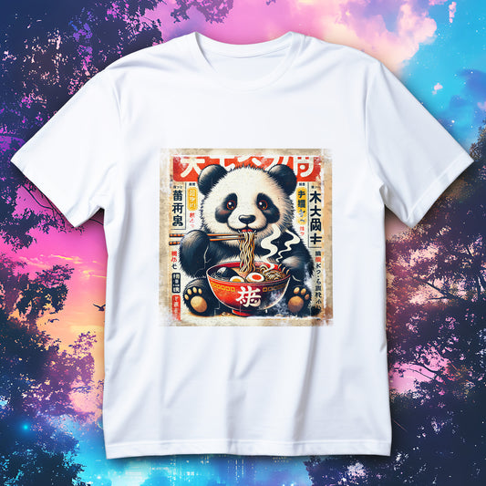 koszulka panda i ramen anime retro vintage z panda jedzaca ramen paleczkami przy czerwonej misce