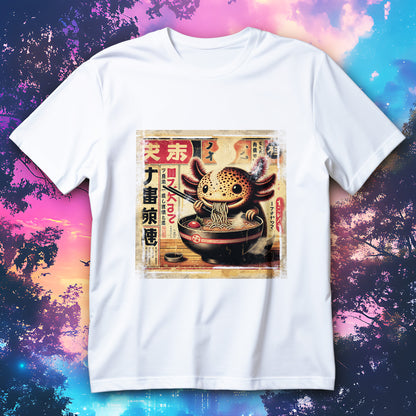 koszulka japonski aksolotl i ramen anime vintage z aksolotlem jedzacym ramen przy czarnej misce