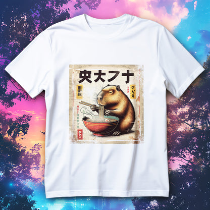 koszulka kapibara i ramen anime retro vintage z kapibara jedzaca ramen paleczkami przy misce